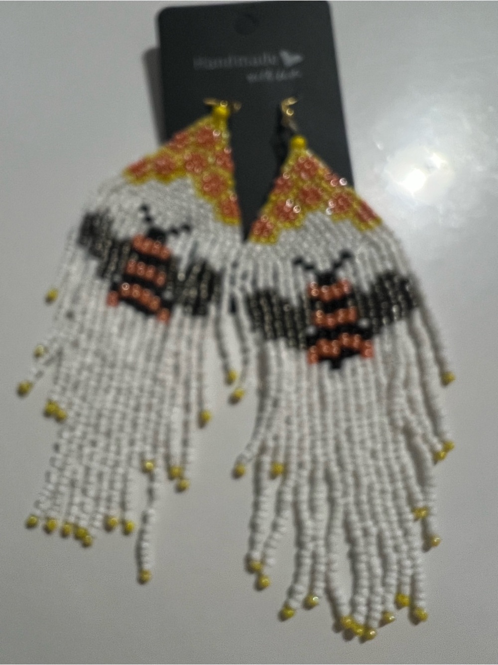 Handmade White Beaded Fringe Earrings with Yellow & Black Bee Accent